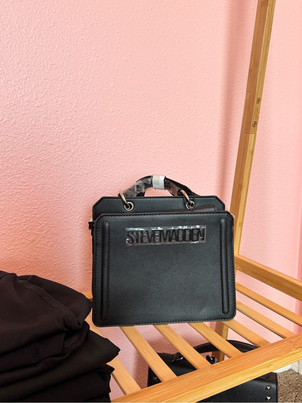 Steve Madden Black Top-Handle Logo Satchel